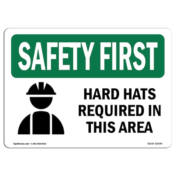 OSHA Sign, Hard Hats Required In This Area W/ Symbol, 10in X 7in Aluminum, 10" W, 7" H, Landscape